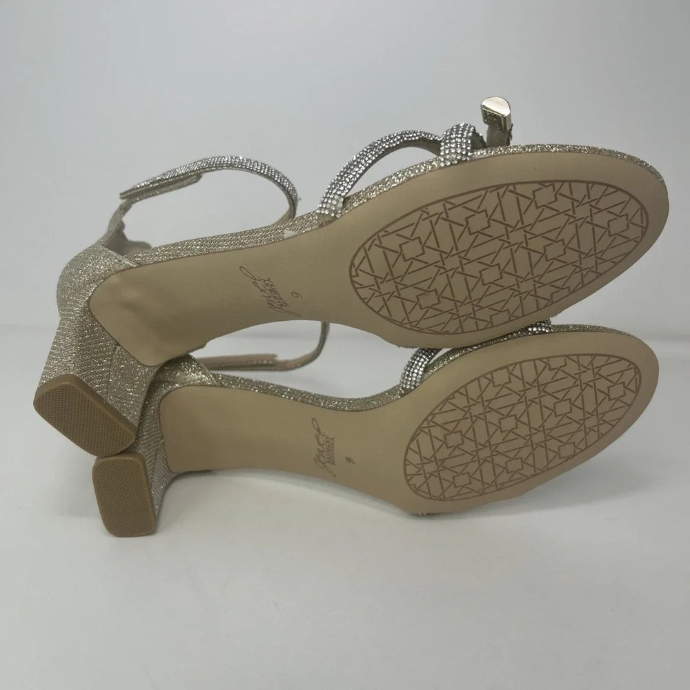 Jewel Badgley Mischka Lena Knotted Mid Heel Sandal Gold‎ Glitter Size 9 NEW
